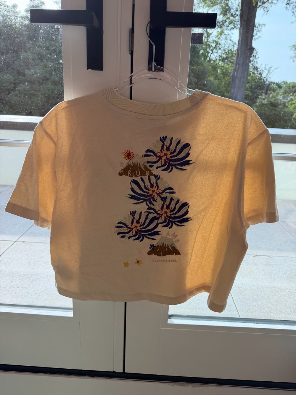 Scotch & Soda Cream Cropped Tee with Navy Floral Embroidery